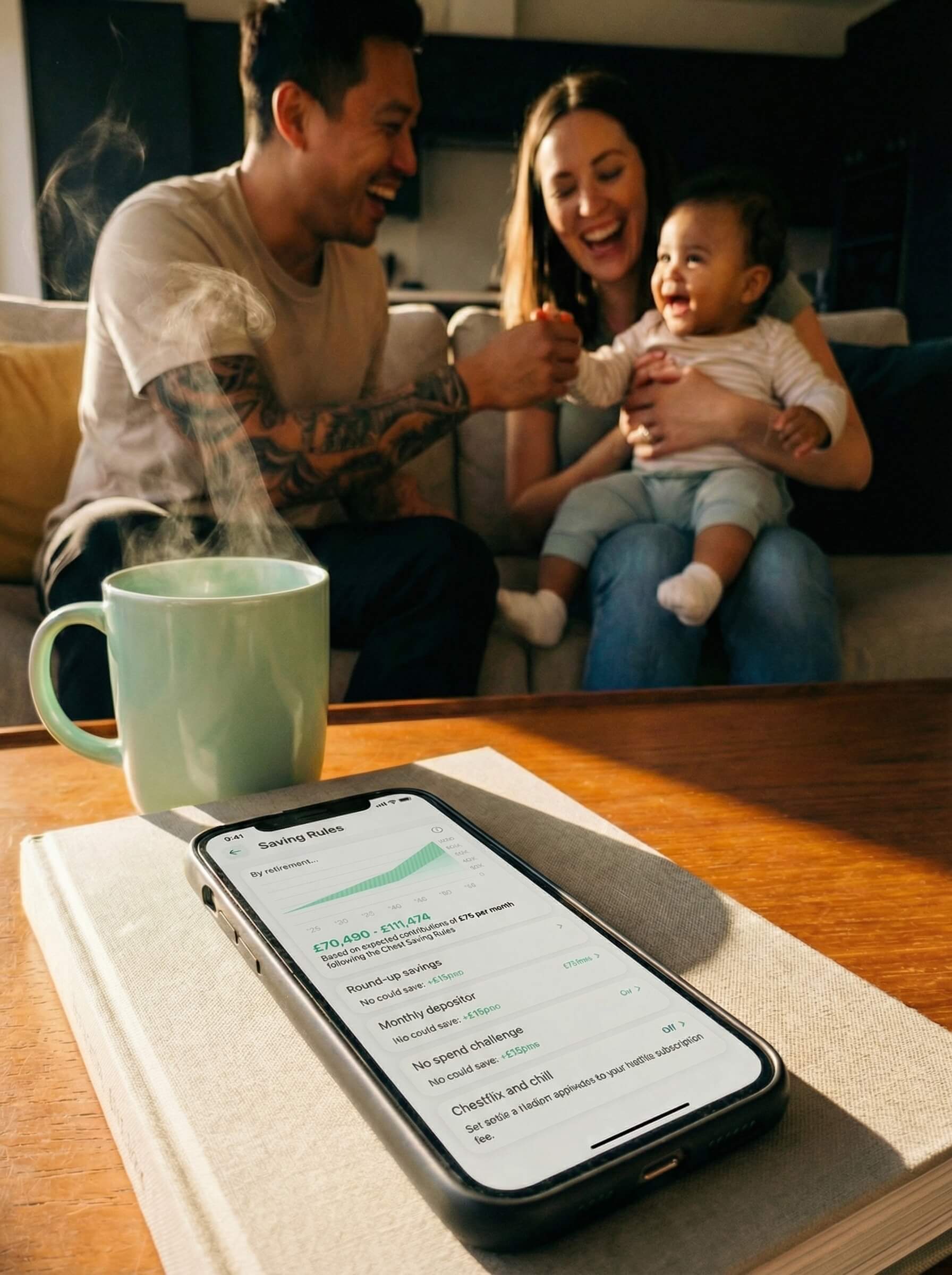 Phone in hand showing Chest app saving rules into SIPP pension feature