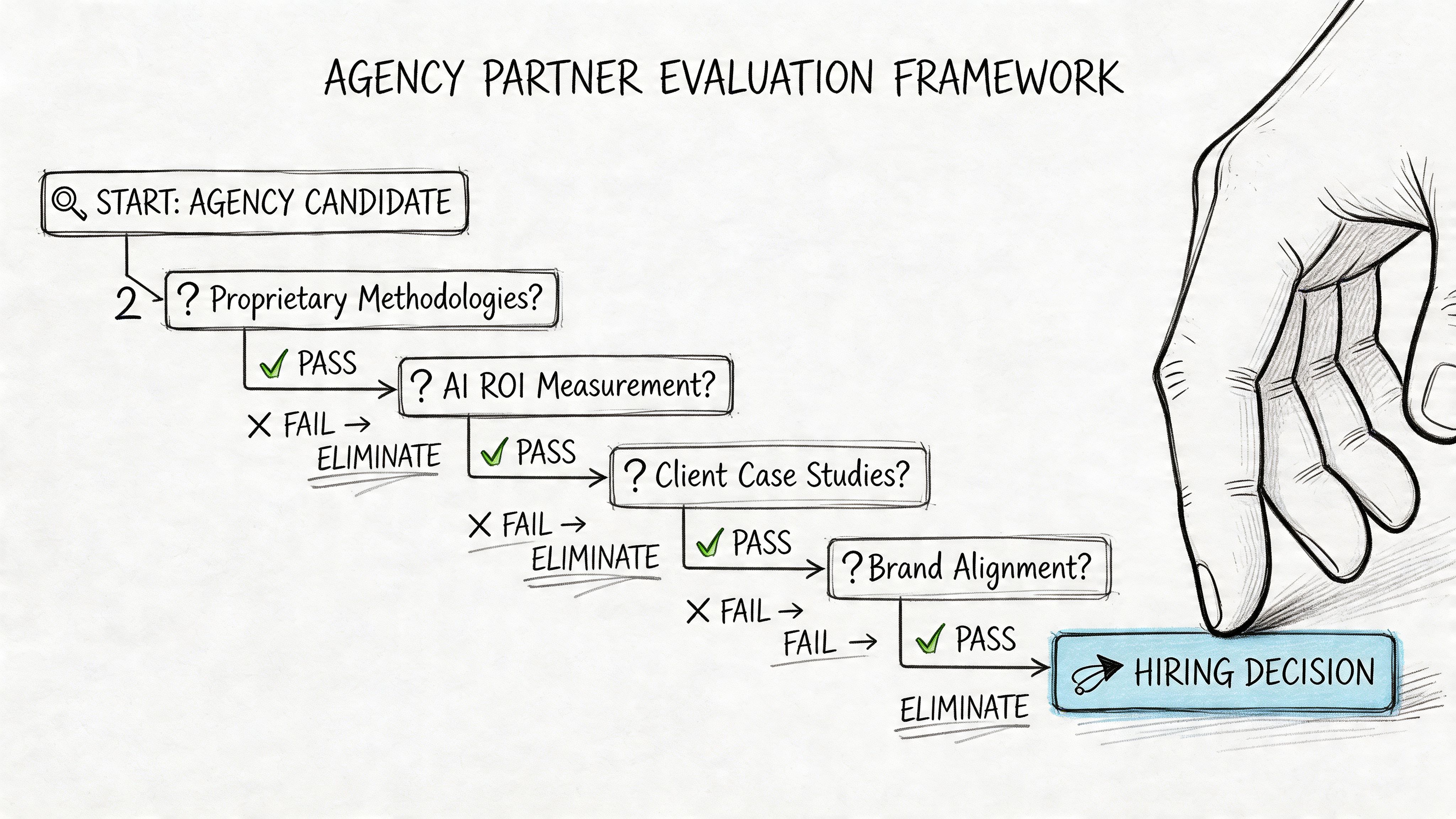 A hand-drawn flowchart illustrating an agency partner evaluation framework for making informed business hiring decisions.