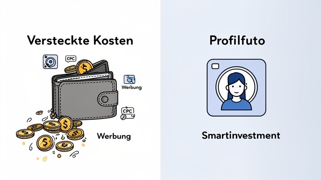 Illustration, die versteckte Werbekosten mit einem professionellen Profilfoto als Smartinvestment vergleicht.