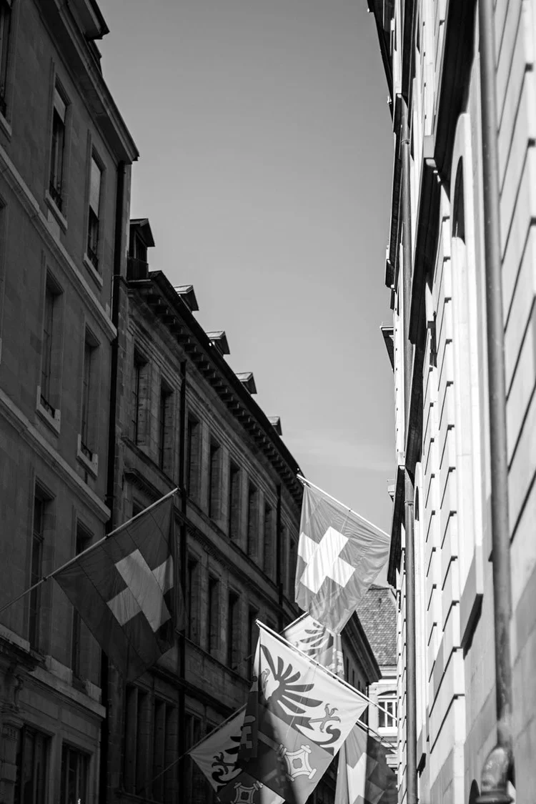 Switzerland flags in street in Geneva