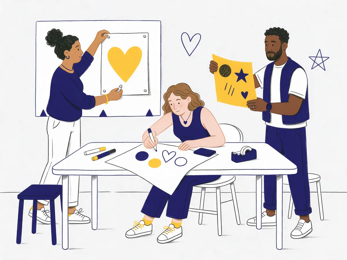 Ilustração de três pessoas que preparam cartazes de uma campanha em volta de uma mesa