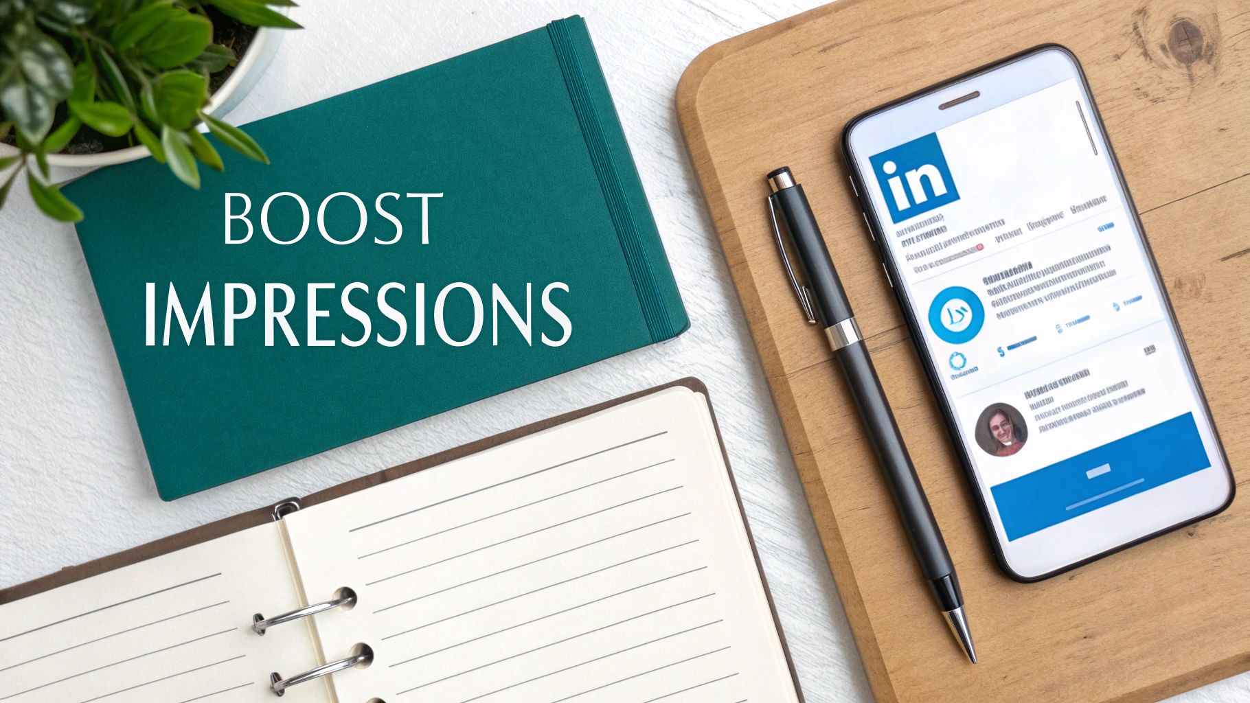 Desk flat lay with 'BOOST IMPRESSIONS' notebook, LinkedIn app on smartphone, pen, and open journal.