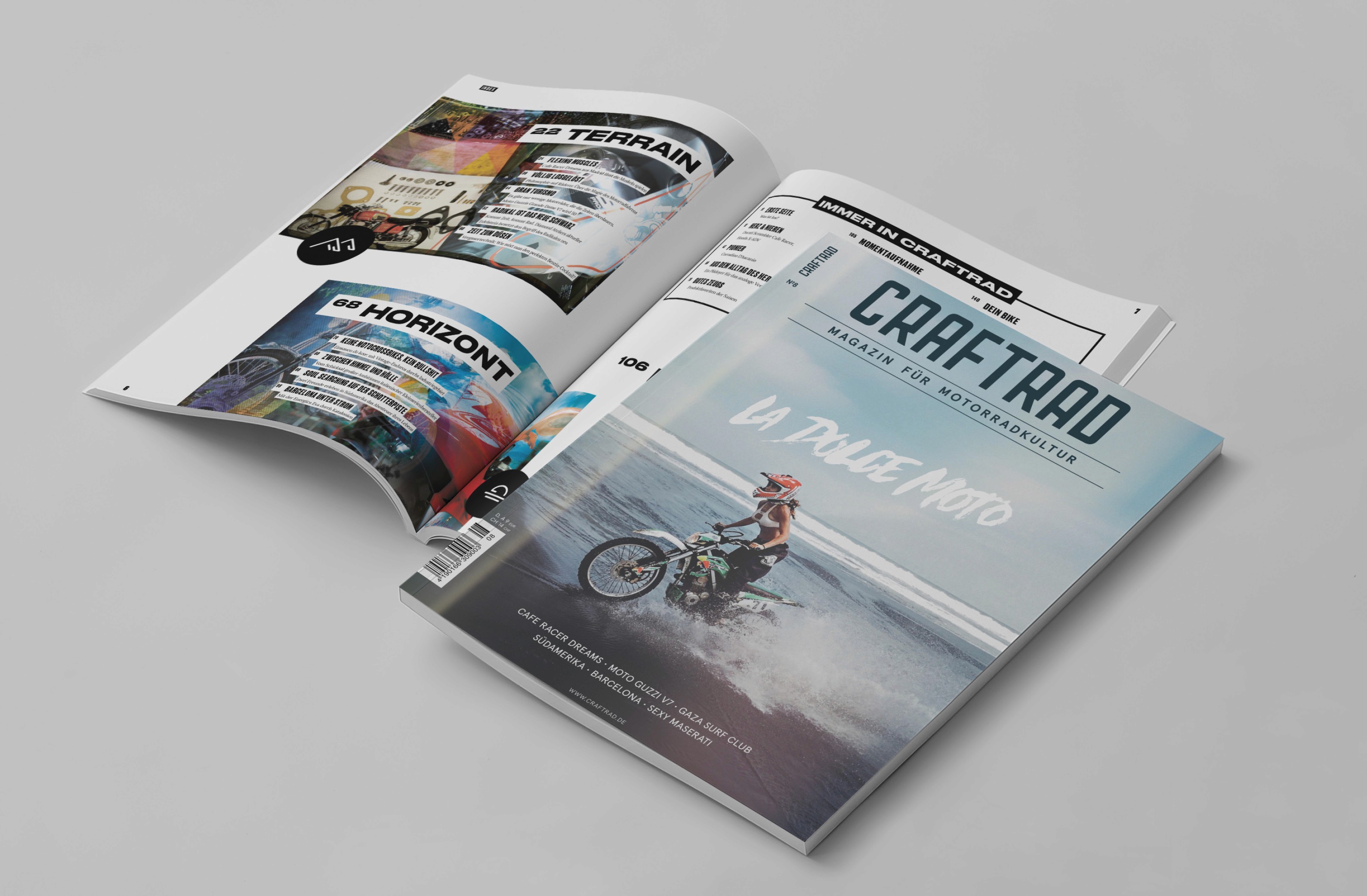 Open magazine showcasing a motorcycle culture feature with a cover titled "La Dolce Moto" against a beach background.