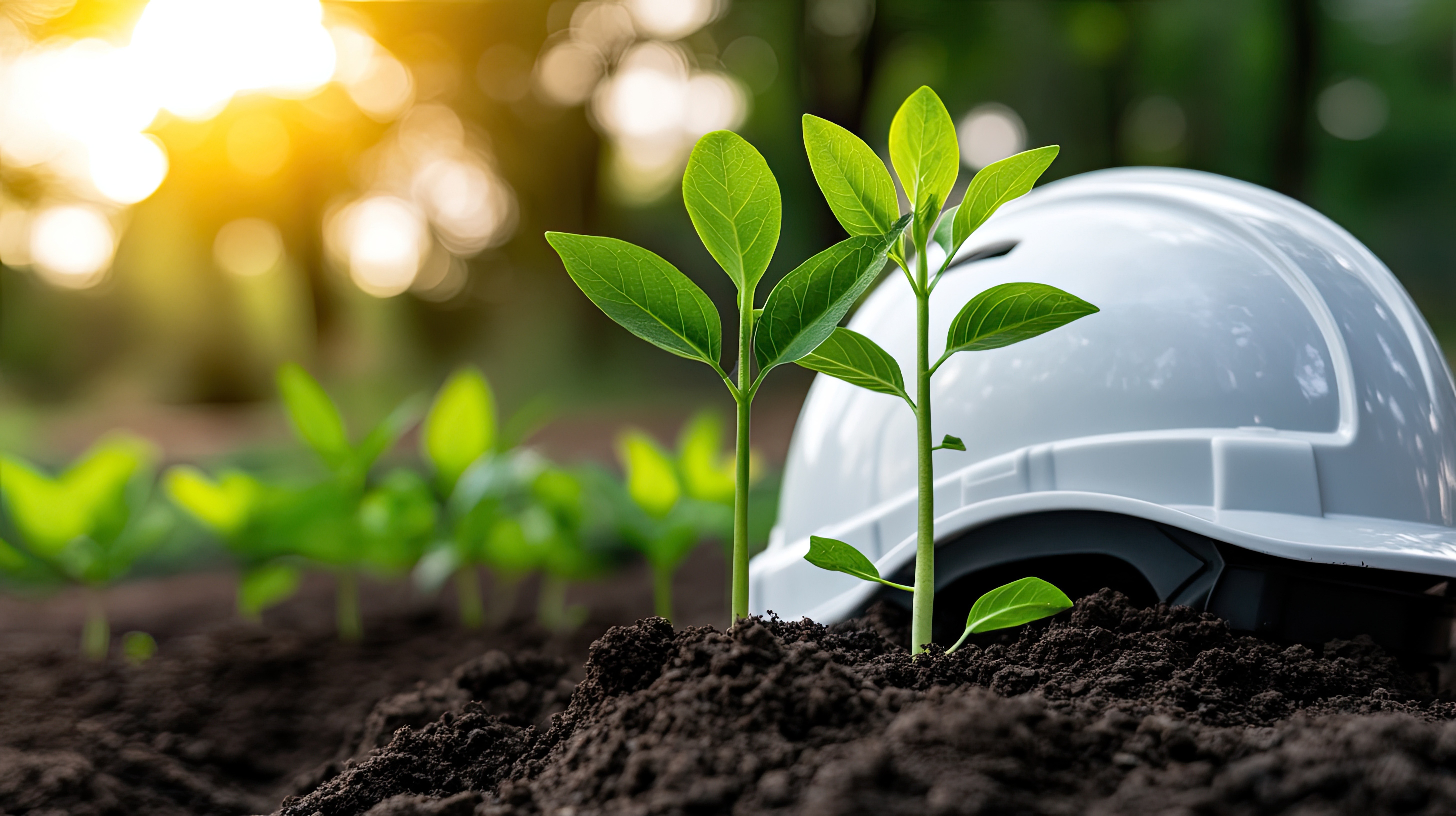 Modern glass buildings with illuminated facades and trees on a rainy day