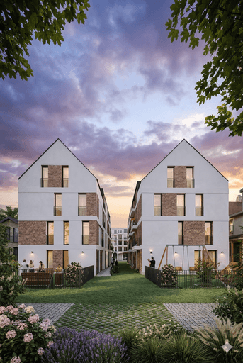 Moderne Architektur des Neubauprojekts Bahnhofstraße 31 in Remshalden-Grunbach. Hochwertige Fassade mit weißem Putz und Klinkersteinenin der Ansicht aus dem Garten heraus bei Dämmerung an einem Gewitter-Tag im Sommer.