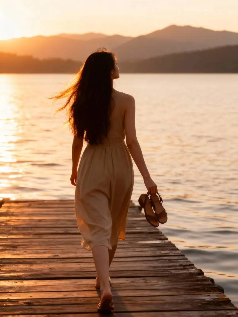 Asian girl walking by sunset lake, golden glow, Luma AI Dream Machine video.