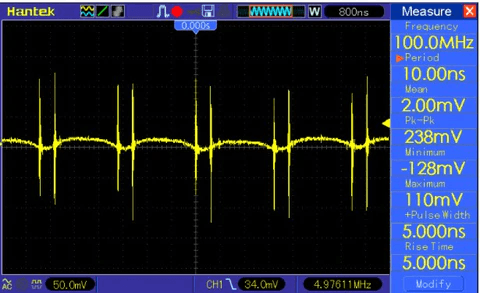 AC-coupled ripple capture at 1A load: 238mV peak-to-peak switching noise