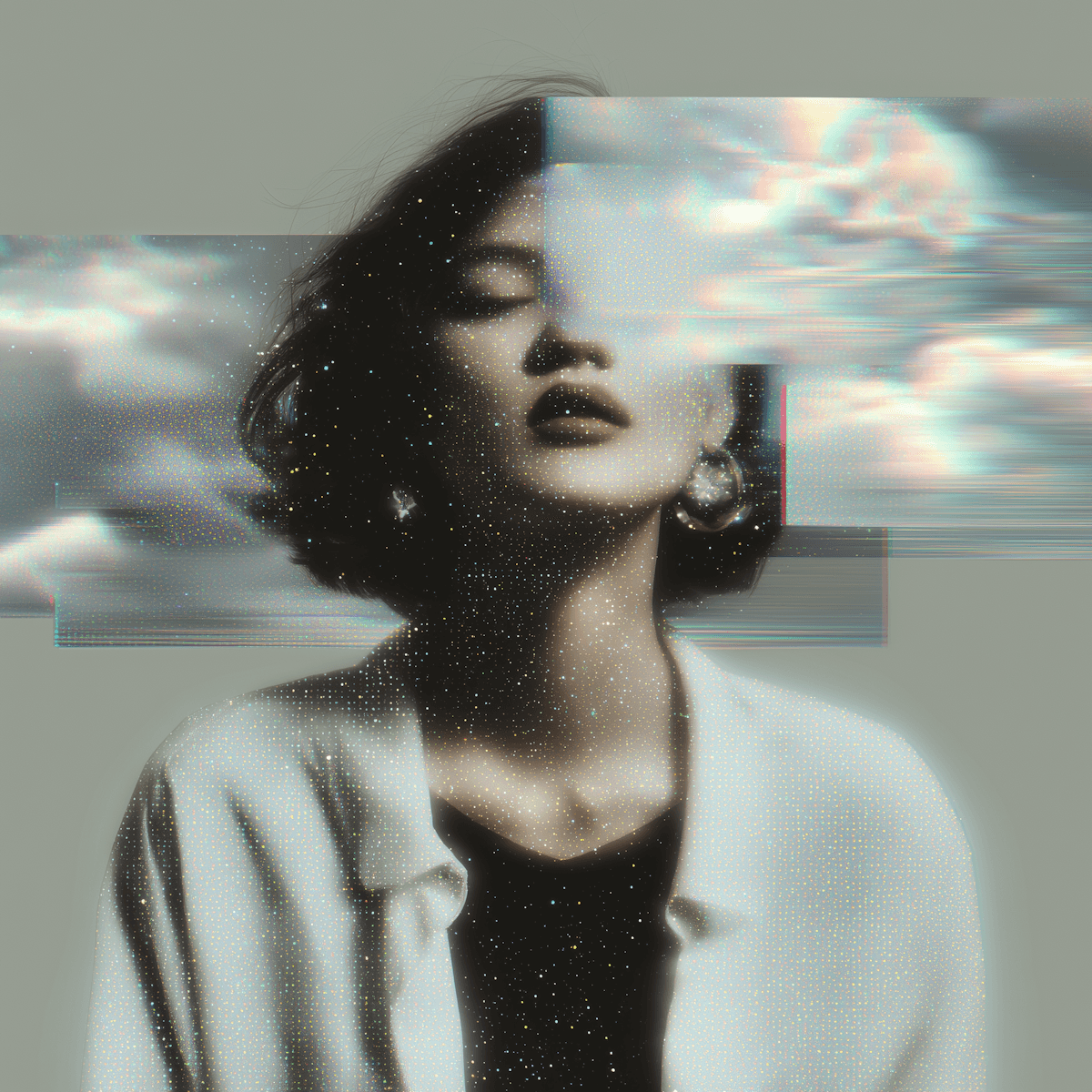 Artistic portrait of a woman with her eyes closed, partially obscured by a glitch effect and stylized clouds.