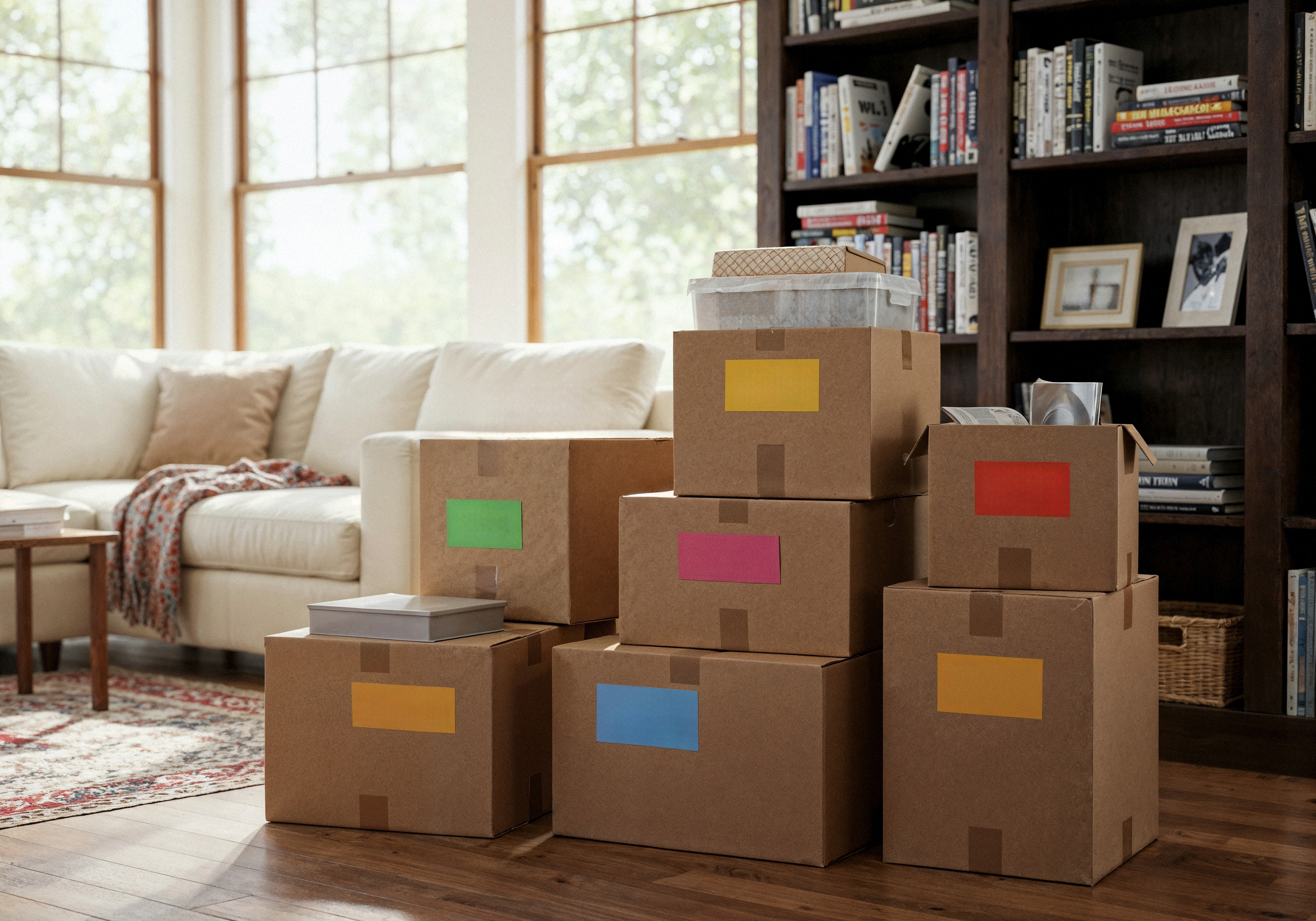 Cardboard boxes with colourful labels on a wooden floor, next to a beige sofa and a bookshelf, suggest readiness for a move or organisation project and storing these boxes short-term.