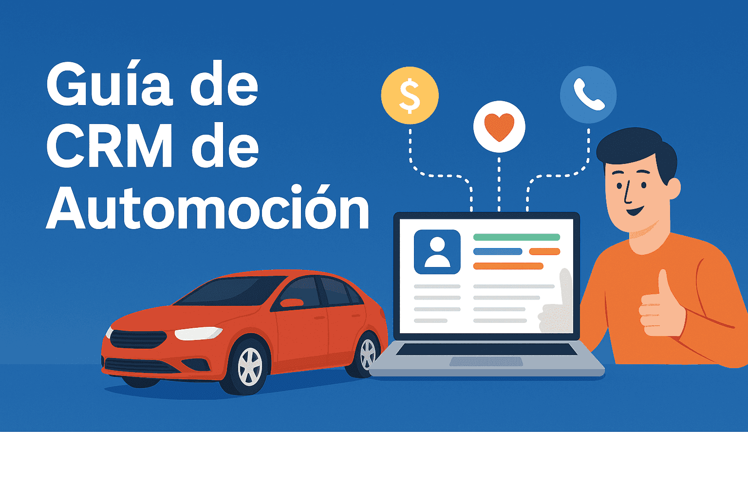 CRM guide for car industry with a car and laptop illustration