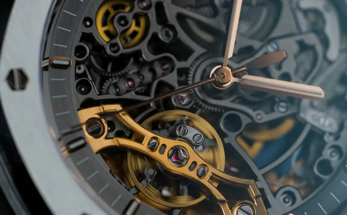 Close-up of an Audemars Piguet Royal Oak Openworked in steel, showing the skeletonised movement and gold balance bridge