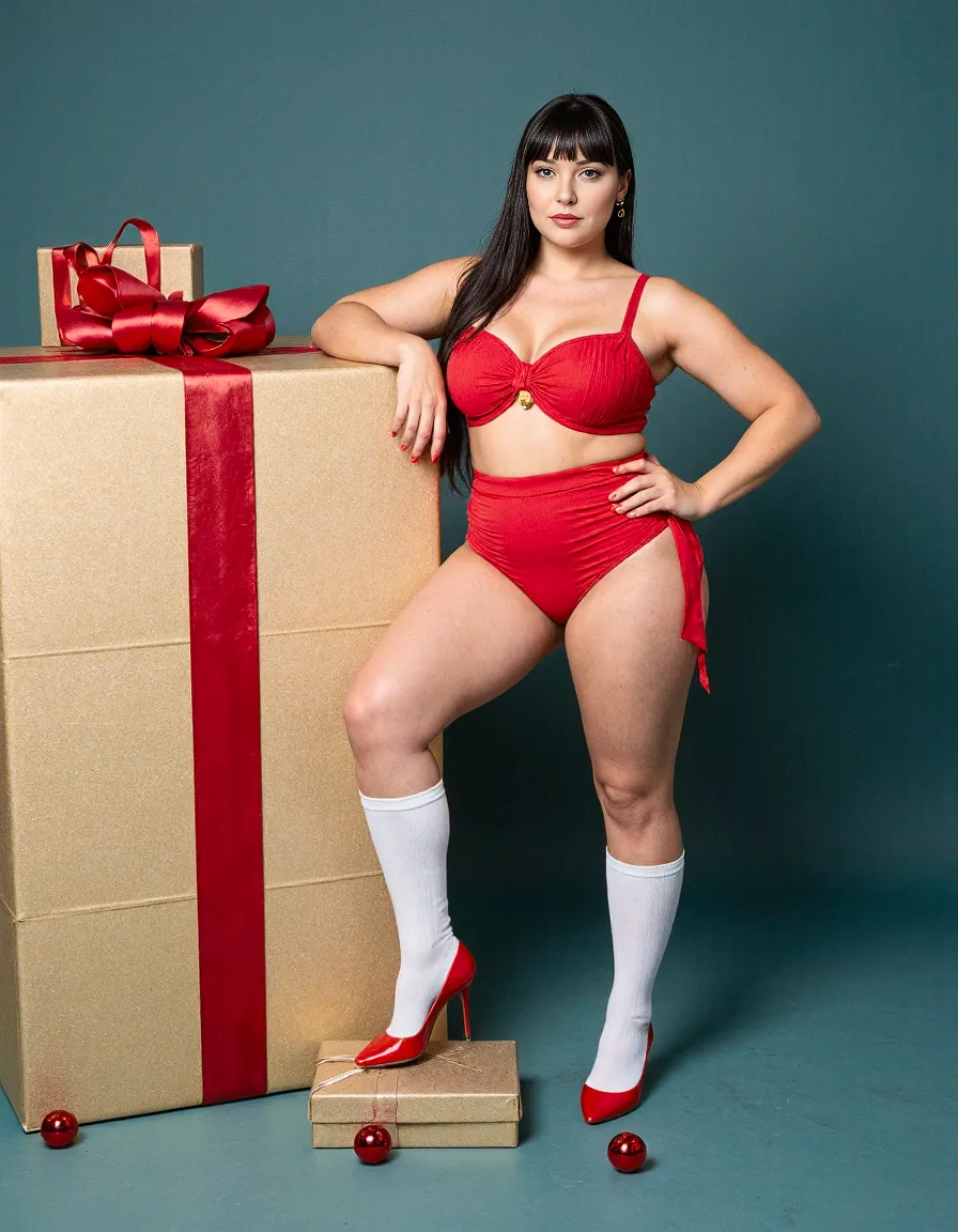 Stylish red two-piece swimwear outfit with white socks and red heels posed confidently beside gold gift boxes with red ribbons