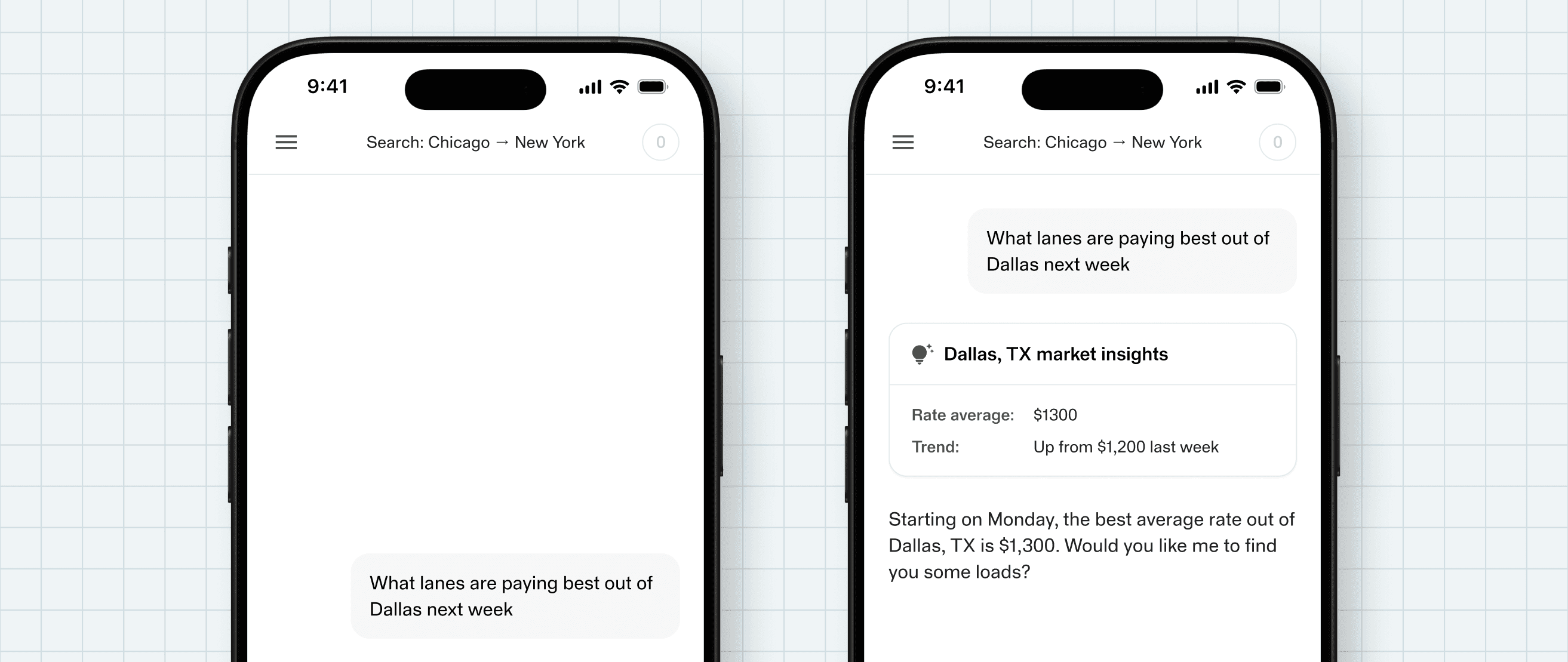 Dispatch app screenshot showing a carrier asking which lanes are paying best out of Dallas next week, with the AI returning live market rate insights and offering to find matching loads.