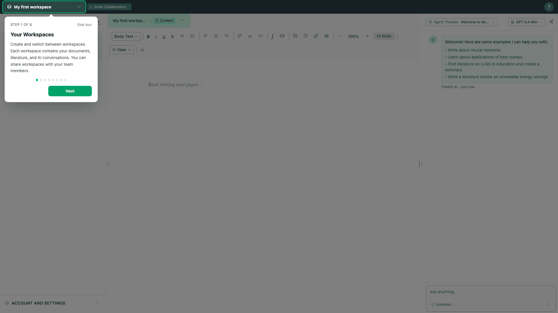 thesify Coauthor shared manuscript workspace with editor and AI assistant panel