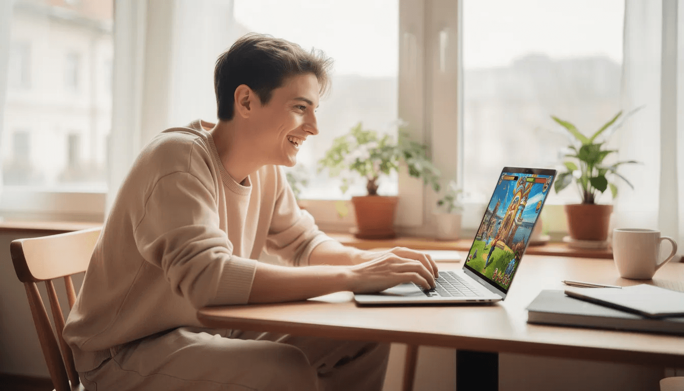 A person is joyfully playing a game on a laptop, surrounded by a bright and casual setting that enhances their gaming experience. This scene captures the essence of interactive experiences and player engagement, highlighting the fun of game development and the creativity involved in creating a playable game.