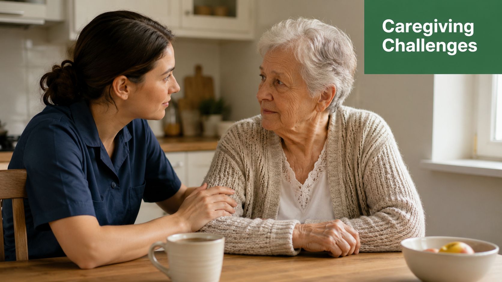 A compassionate caregiver comforts an elderly woman while they sit together at a wooden dining table.