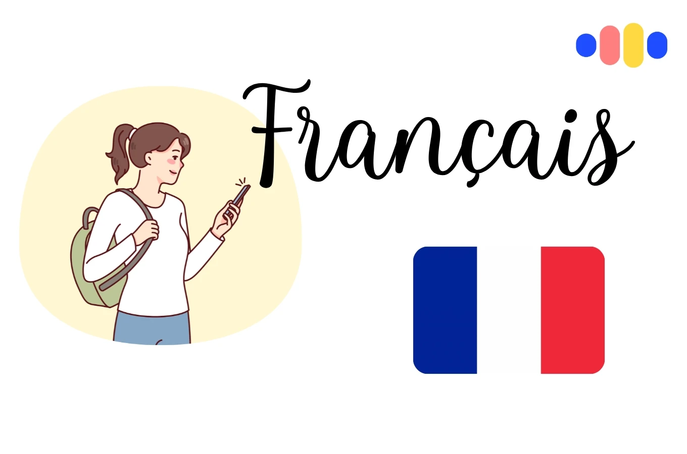Illustration of a person studying French with an open book and a desk lamp, alongside the French flag and the word 'Français' in elegant script. The image represents French language learning and immersion.