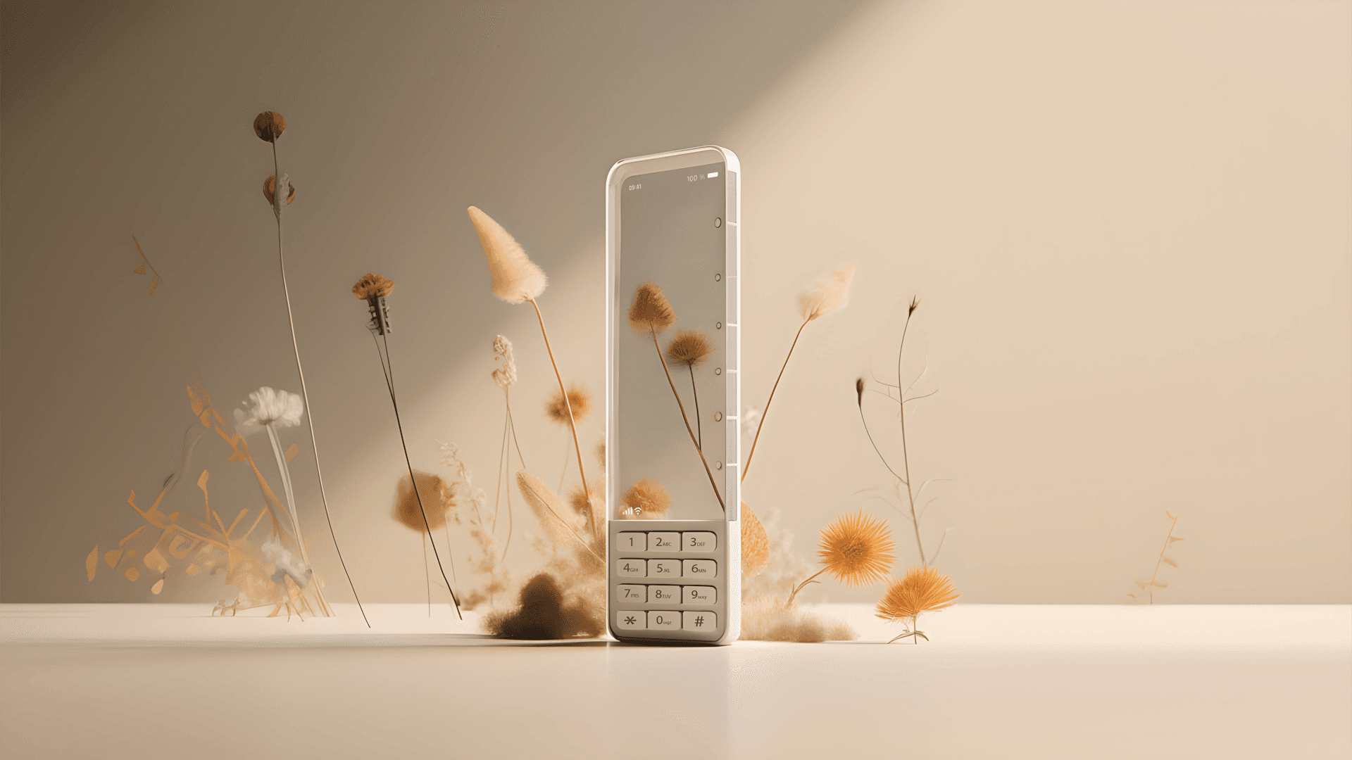 Une scène minimaliste où un téléphone est mis en avant avec une combinaison de textures naturelles et florales. L'éclairage met en lumière le design épuré du téléphone tout en jouant avec les formes organiques des plantes, créant une ambiance douce et immersive.