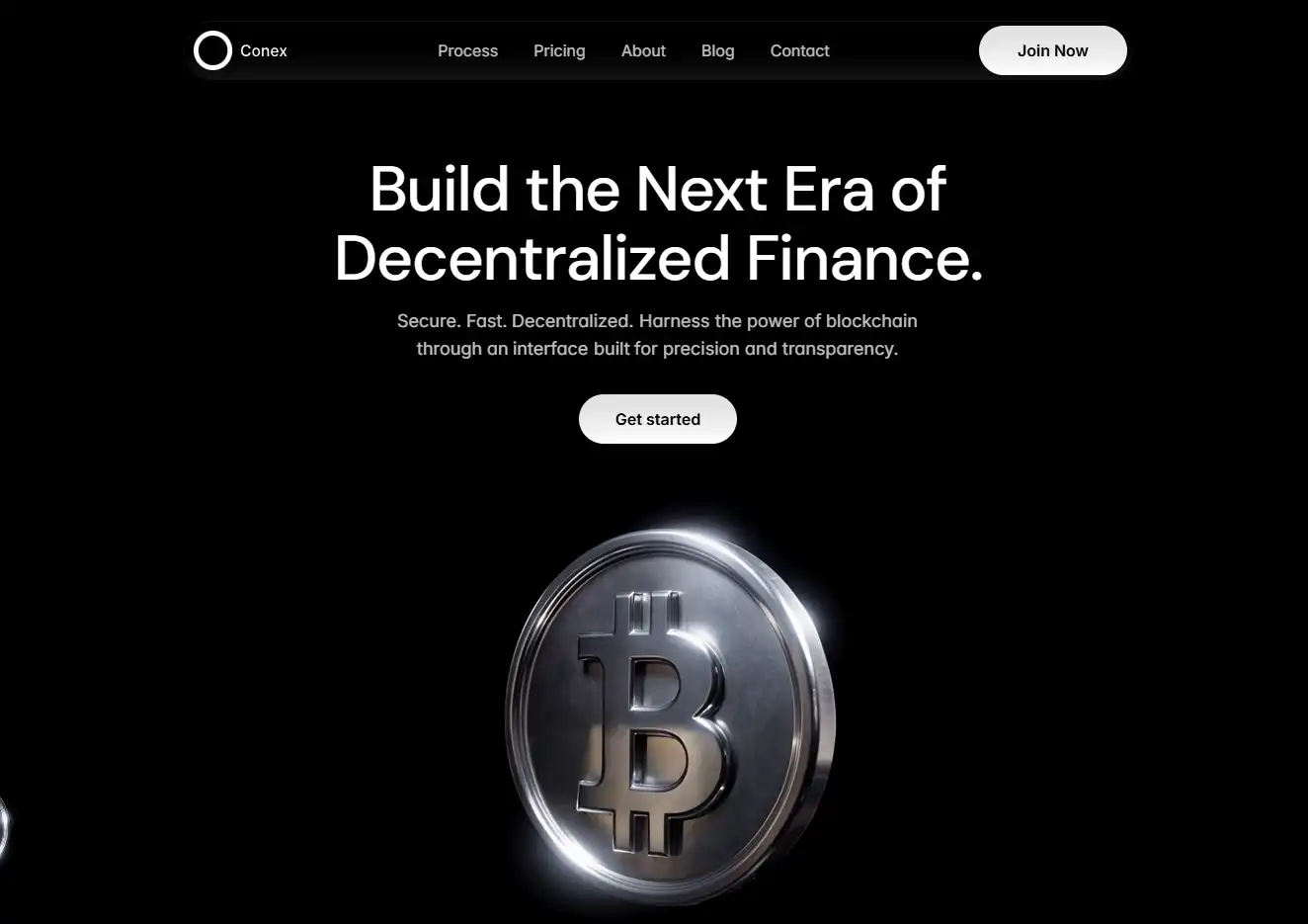 A premium dark-mode landing page for 'Conex' focused on decentralized finance, showcasing a large, realistic 3D silver Bitcoin coin floating in the center.