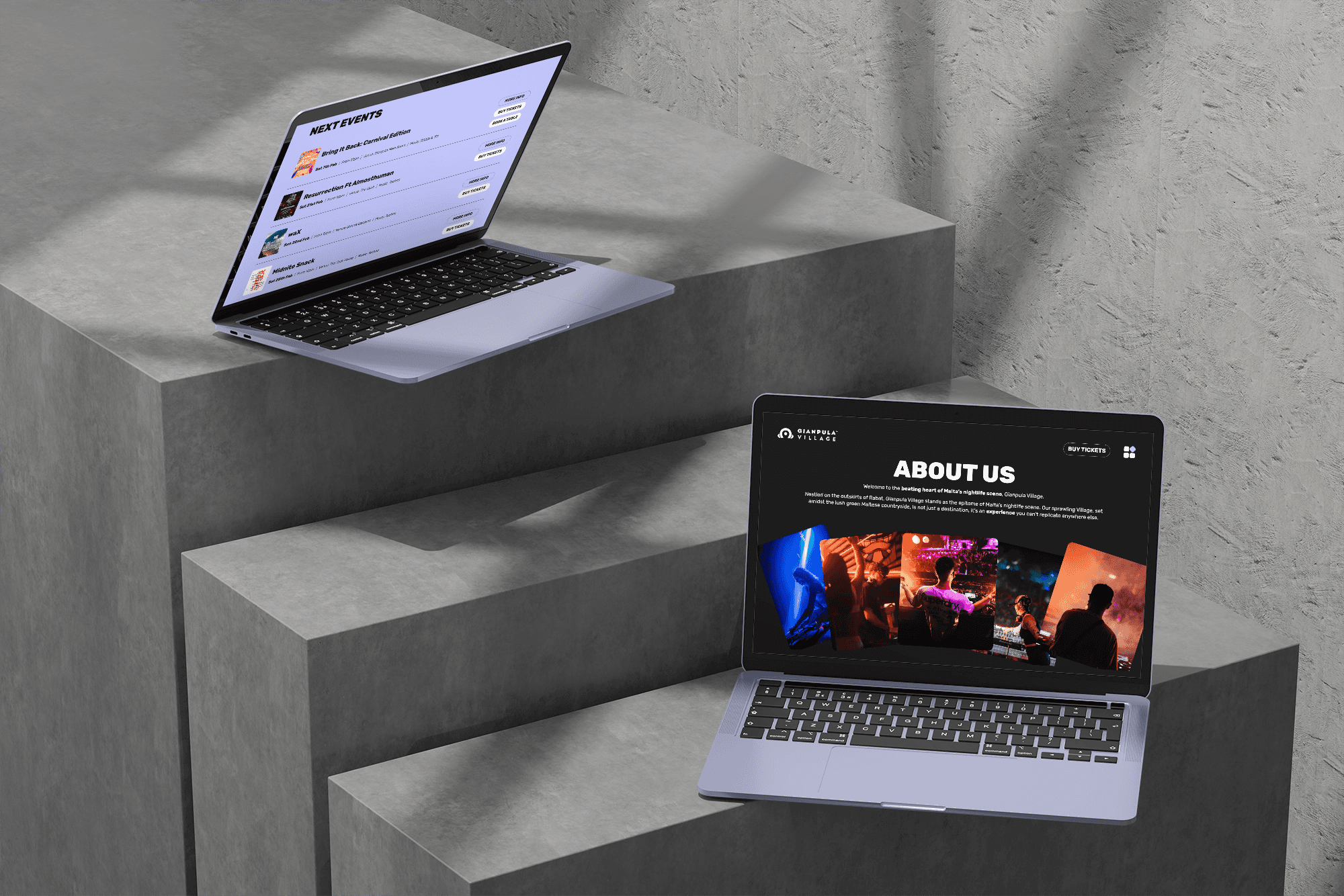 Desktop mockups highlighting the balance between high-impact brand storytelling on the 'About' page and the functional, user-centric logic of the 'Next Events' schedule.