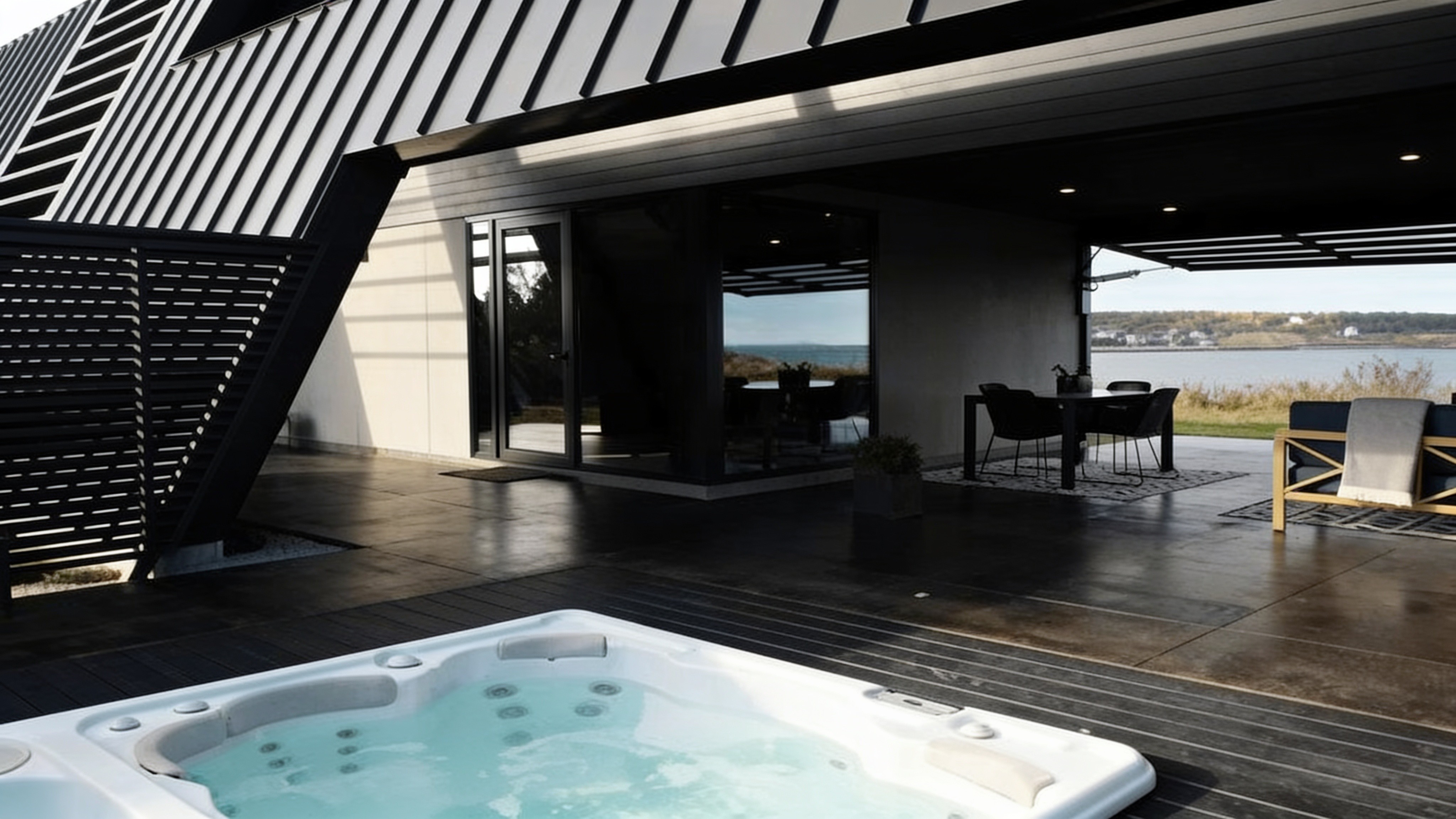 Contemporary seaside home with a hot tub and open hydraulic glass wall