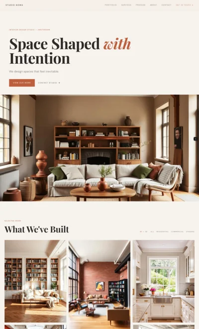 Interior design website AI prompt – Studio Noma warm linen portfolio preview