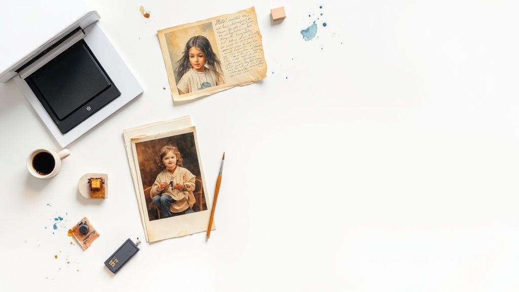 A flat lay shows a white photo scanner, coffee cup, old portrait photos, and art supplies on a desk.