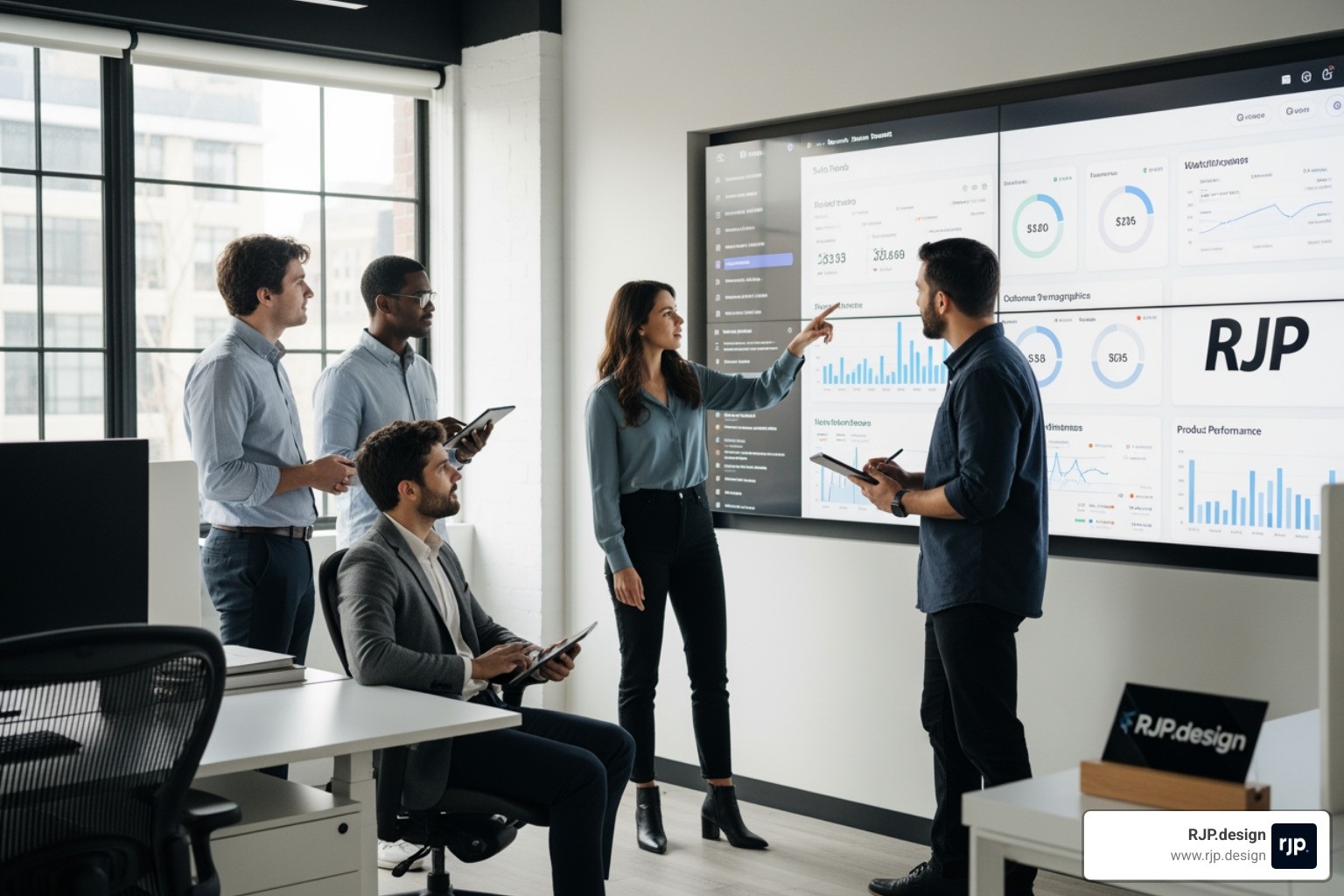 Team of analysts reviewing Shopify store reports on a large screen