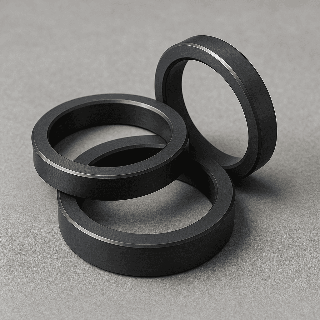 Black ceramic rings on a textured surface.