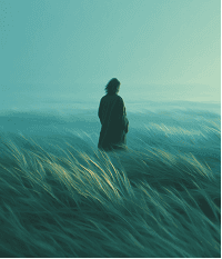 A person walking through tall grass, surrounded by greenery under a clear blue sky.