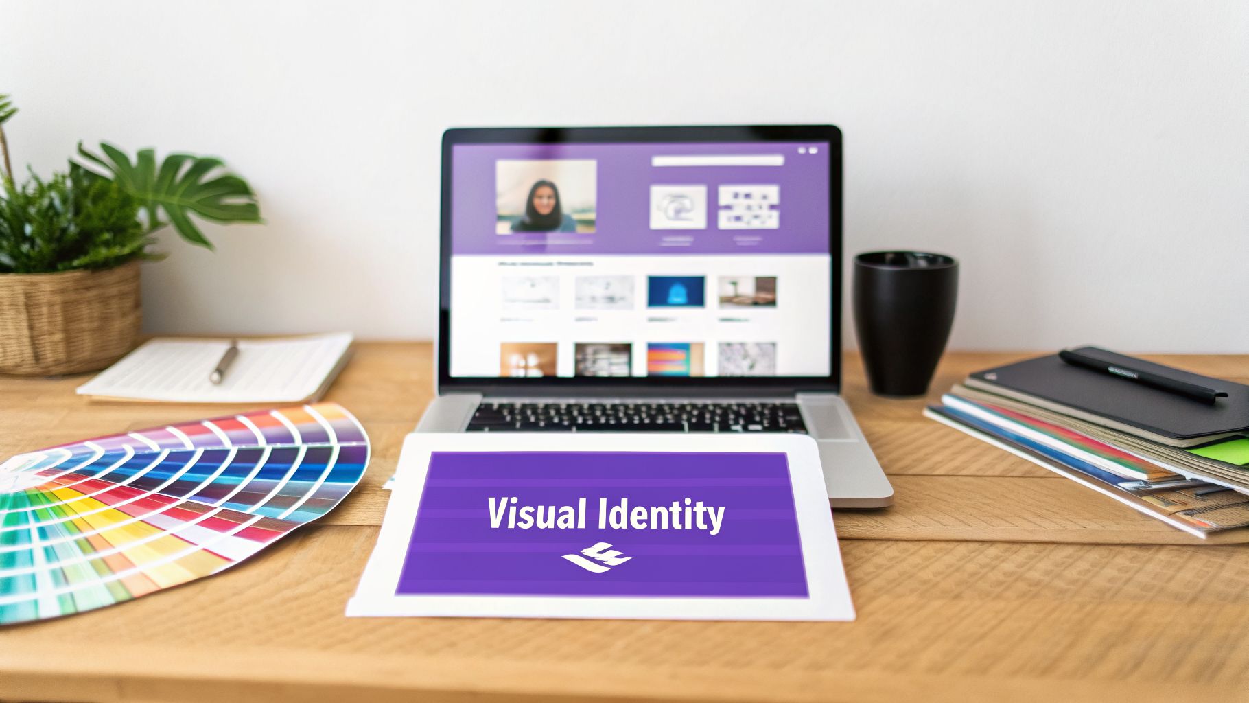 A creative workspace with a laptop, tablet displaying 'Visual Identity', a color palette, and a plant.