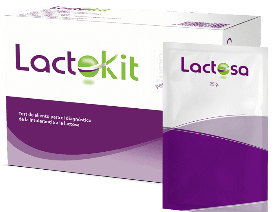 Envase del LACTO‑KIT de Isomed Pharma — test de aliento para diagnóstico de intolerancia a la lactosa, incluye sobre de lactosa monohidrato y material para recogida de muestras de aliento pre y post‑dosis.