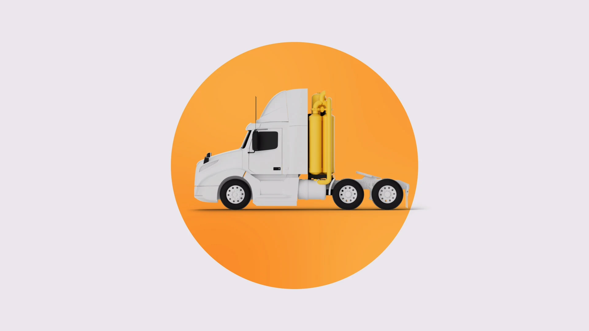White semi truck with mounted yellow CO₂ tanks shown in profile on an orange circular background