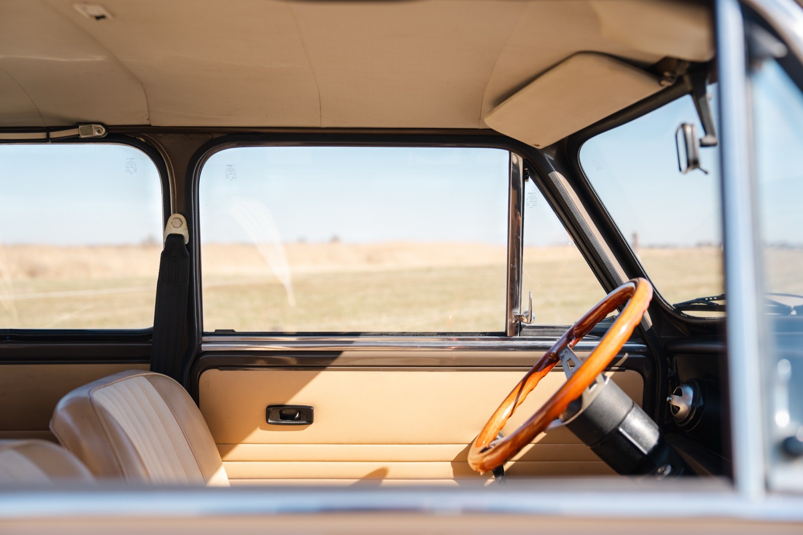 Close-up of a car's interior, featuring a steering wheel and a tan seat, with a scenic landscape visible outside.