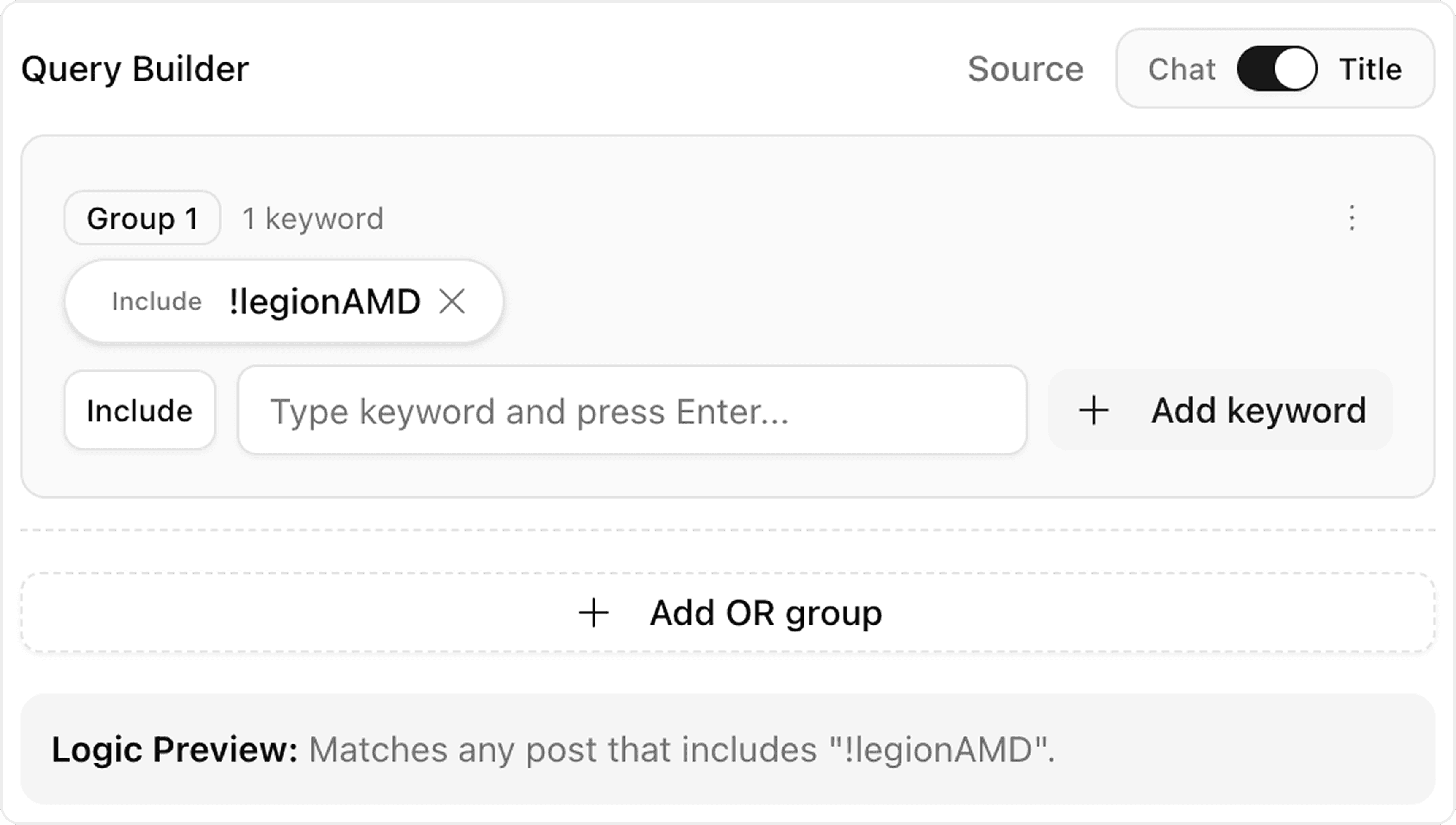 Query builder to track keywords in a Twitch stream title.
