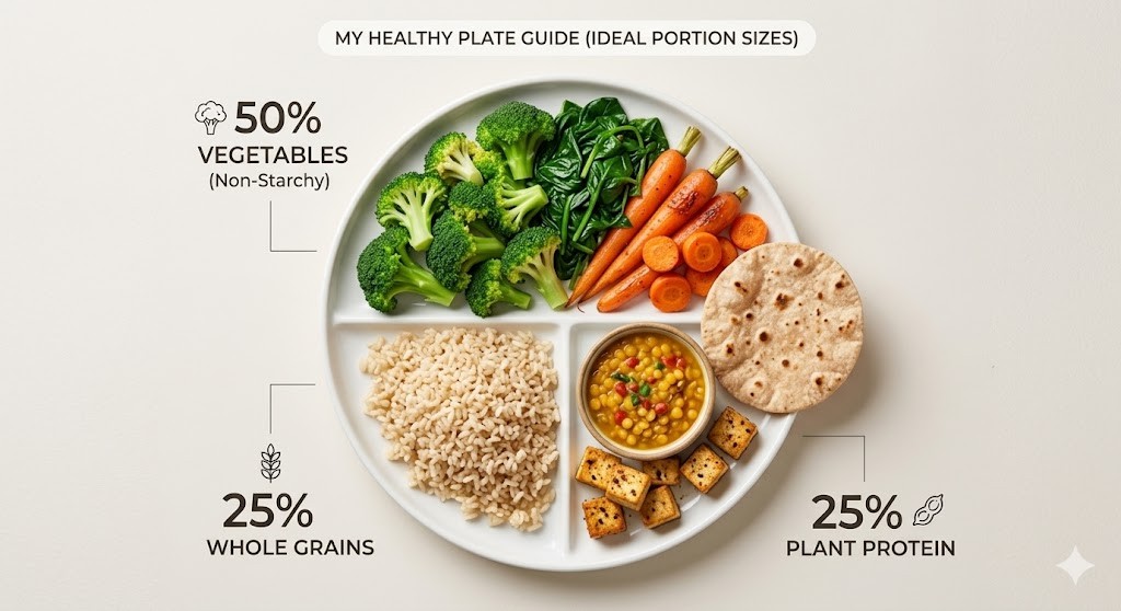 A top-down infographic titled "My Healthy Plate Guide (Ideal Portion Sizes)". A divided white plate shows half the plate filled with broccoli, spinach, and carrots (50% Vegetables, non-starchy). One quarter contains brown rice (25% Whole Grains). The final quarter holds a bowl of lentil dal, tofu cubes, and a whole-wheat roti (25% Plant Protein). Small icons illustrate the food groups. The overall design is clean, high-resolution, and designed for a professional health and fitness guide.
