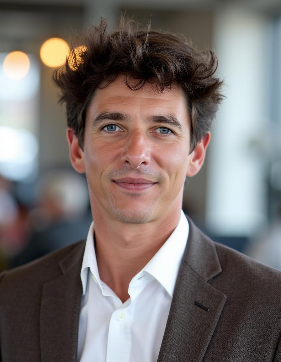 Mature man with glasses and a trimmed beard smiling confidently, standing in warm natural light against a modern backdrop.