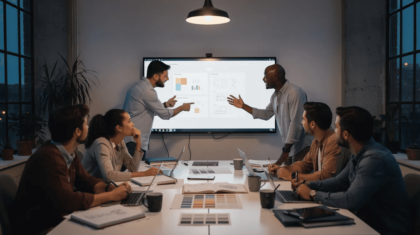 A creative team is collaborating around a large screen in a modern studio workspace, discussing innovative solutions for branding projects. The atmosphere reflects a dynamic environment typical of a design agency in Dubai, where professionals work closely to develop effective marketing strategies and visual identities.