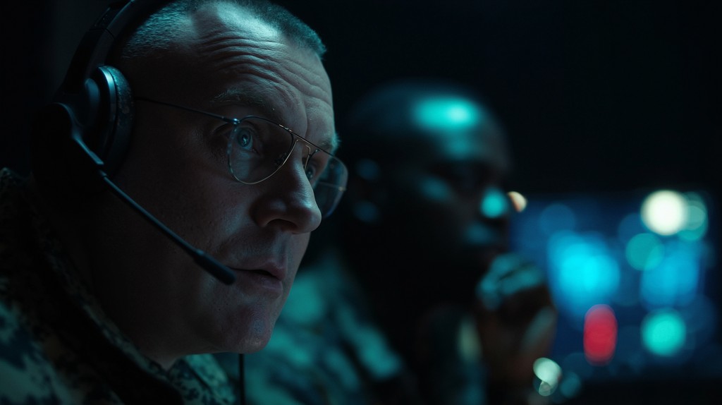 AI-generated realistic scene of a military officer wearing a headset in a dimly lit command center, with screens glowing in the background for a tense cinematic atmosphere.