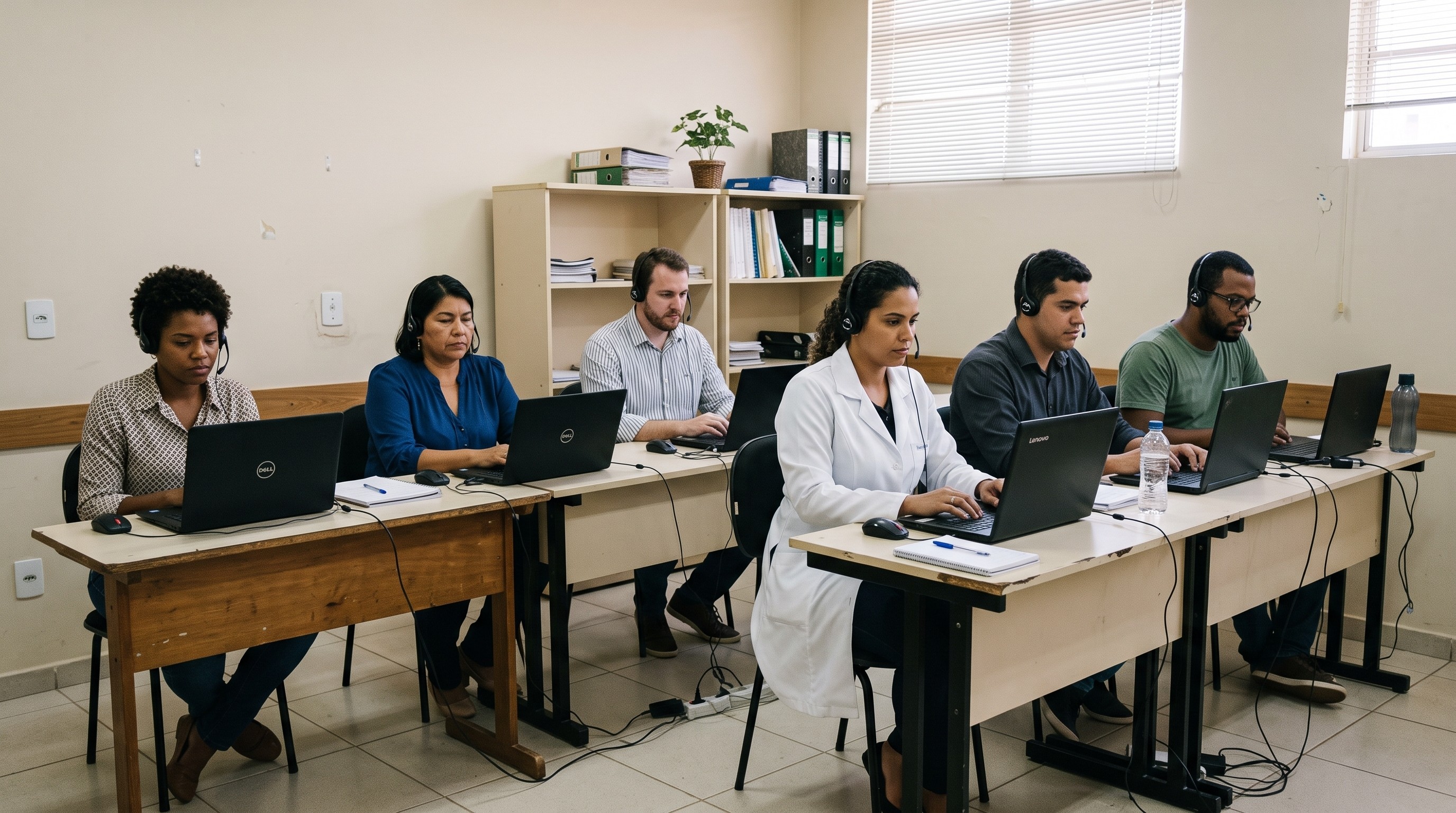 funcionários usando computadores em uma sala fechada