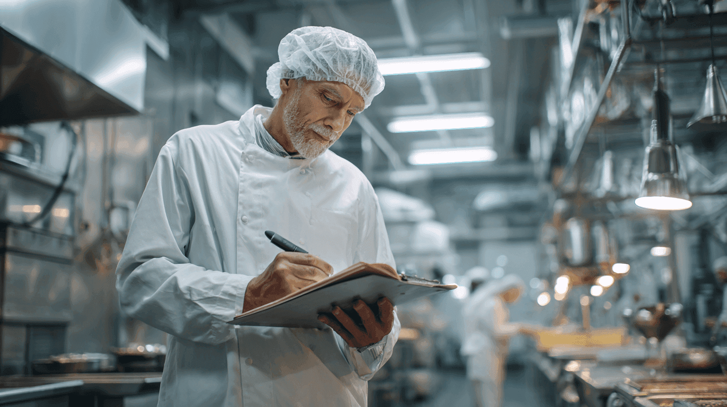 Health inspector with clipboard examining commercial kitchen in Utah facility, checking surfaces with flashlight, clean professional environment
