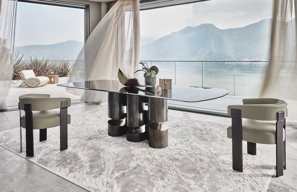 luxury chair with metal legs covered in saddle leather in a modern dining room