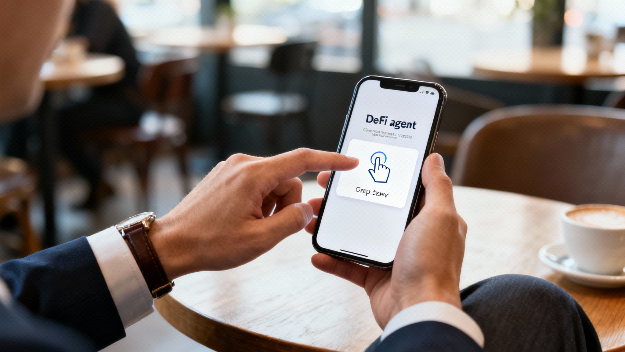 Close-up of a person using a smartphone with a 'DeFi agent' app in a coffee shop.