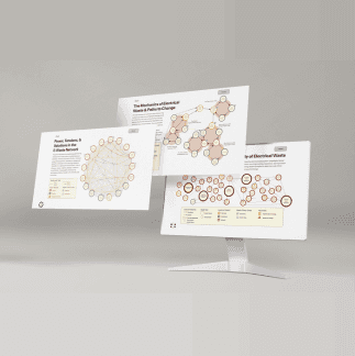 Three digital system maps created by Krysten Loiselle displayed on floating monitors against a neutral background. The designs show interconnected circular nodes and diagrams representing patterns, systems, and relationships related to e-waste and behavior change. Each diagram is data-informed and color-coded for insight synthesis.