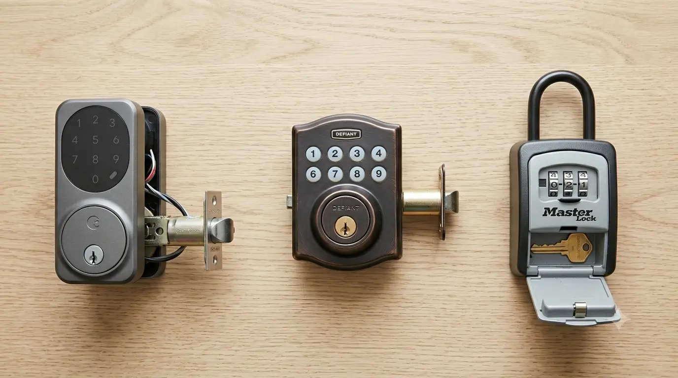 Three self check-in access methods for Airbnb - a smart lock, a keypad lock, and a key lockbox.