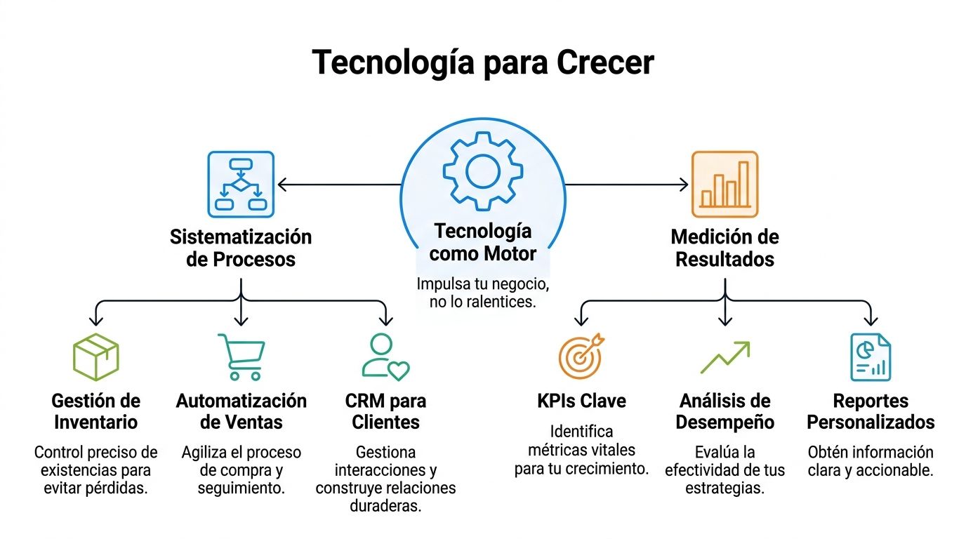 Diagrama que ilustra cómo la tecnología impulsa el crecimiento empresarial mediante procesos sistematizados y la medición de resultados.