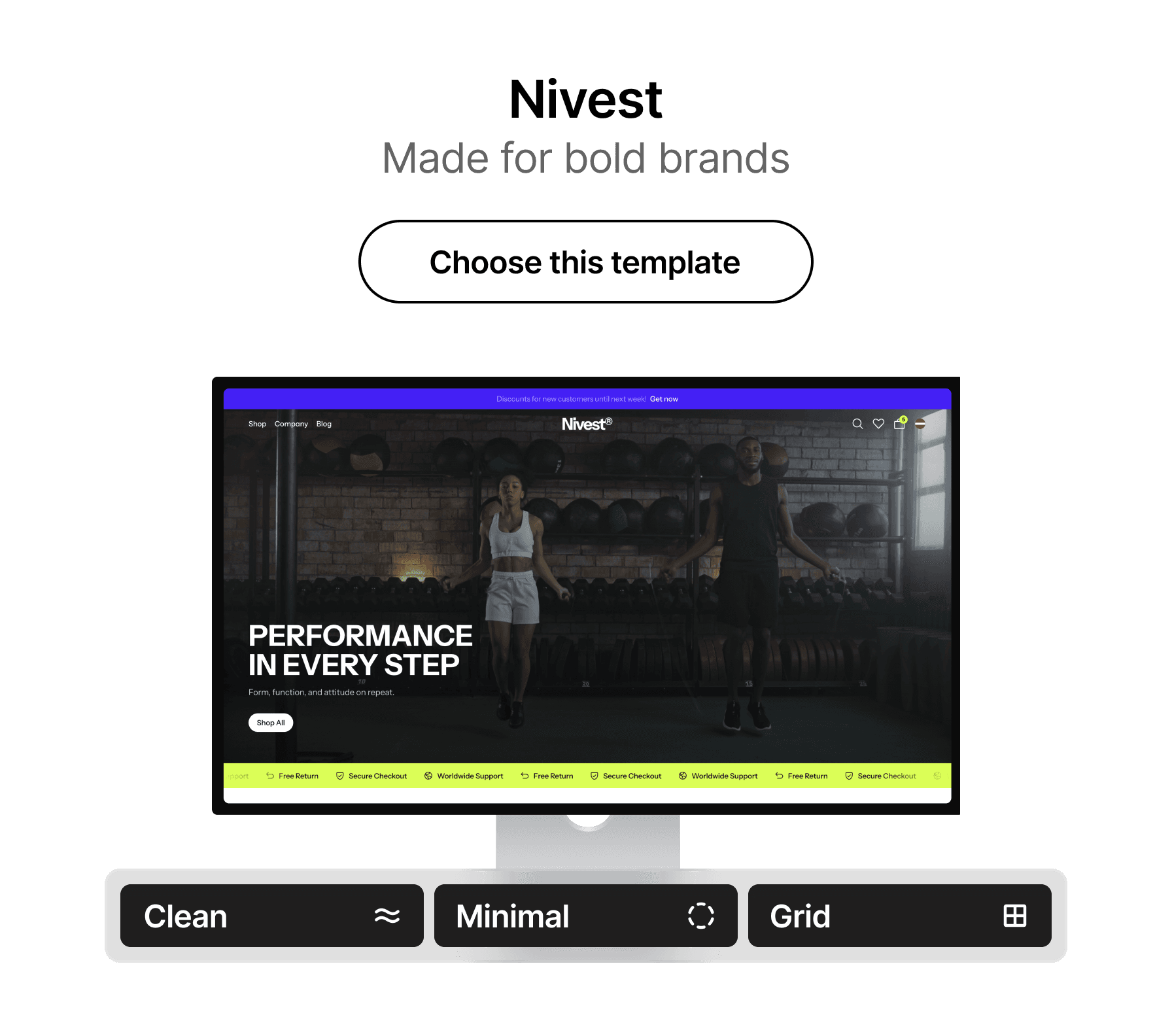 Nivest Framer e-commerce template, a minimal grid design made for bold brands, emphasizing fast performance and clean aesthetic.
