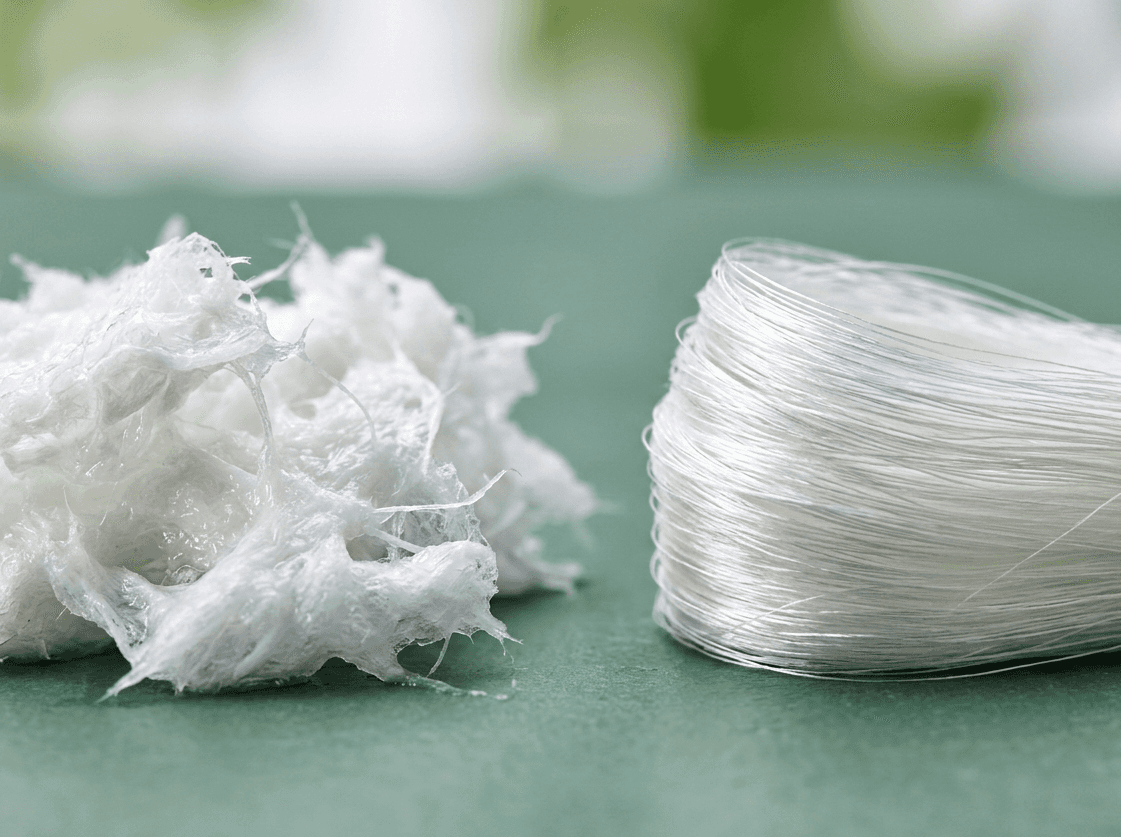 An intricate close-up photograph of high-quality cellulosic pulp and regenerated textile fibres resting cleanly on a surface, highlighting scientific innovation and material quality, no text, no logos, no icons