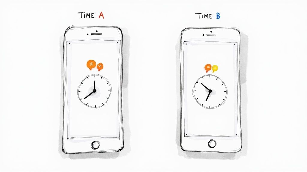 A split-screen image showing A/B testing on a mobile device, with version A on the left and version B on the right, and a checkmark on version B indicating it performed better.