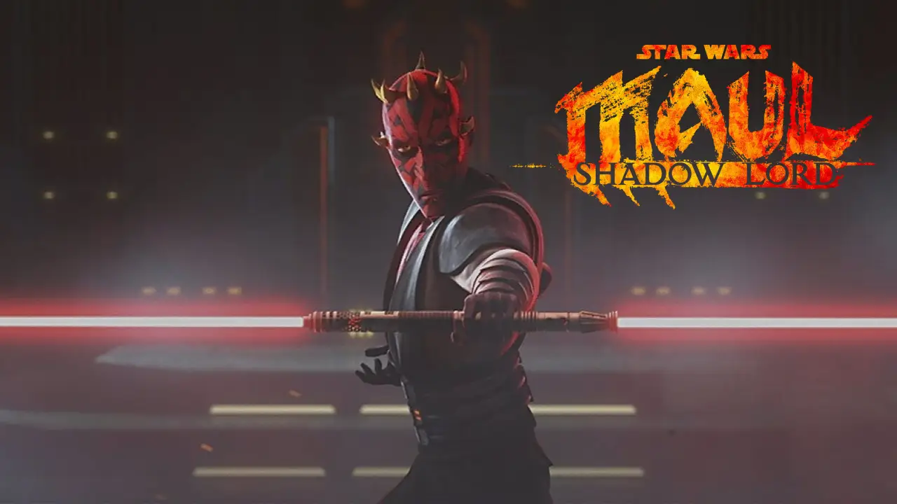 A character wielding a double-bladed red lightsaber stands in a dimly lit environment, with the words "Star Wars Maul: Shadow Lord" displayed in bold on the upper right.